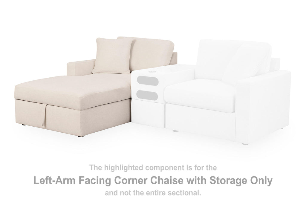 Left-arm corner chaise with storage in light oyster upholstery with two back cushions