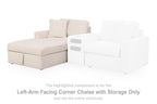 Left-arm corner chaise with storage in light oyster upholstery with two back cushions