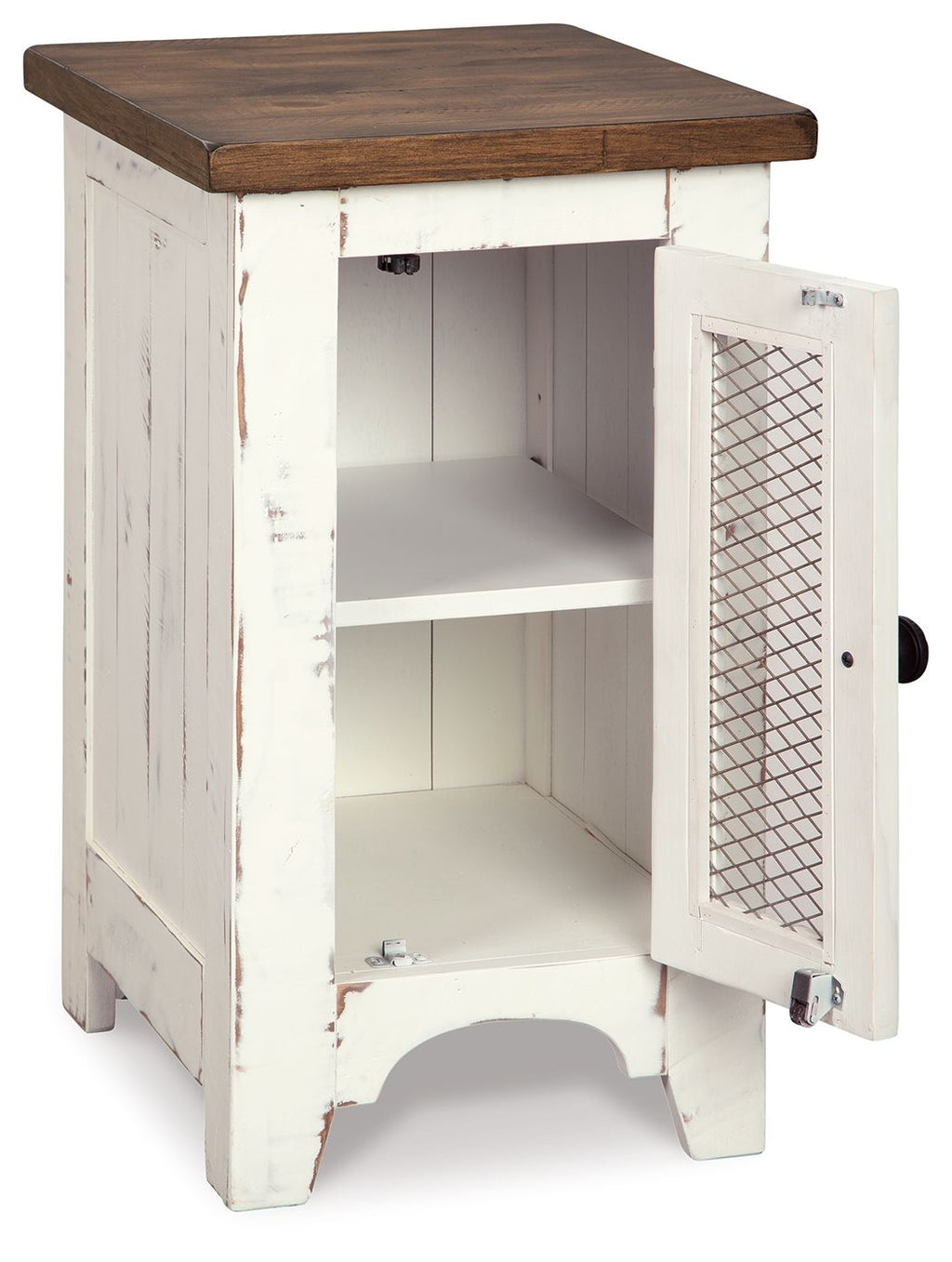 Chair side end table with open white door, interior shelves, brown top and mesh panel