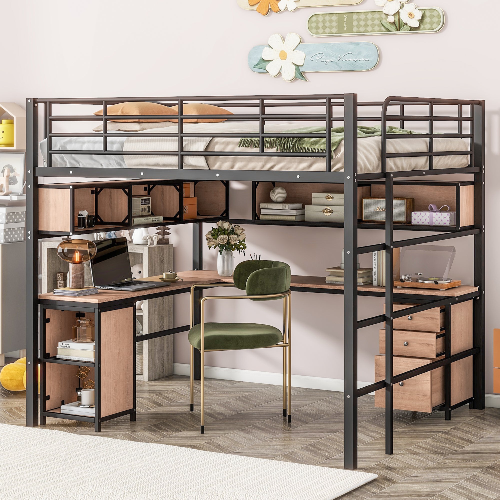 Black Full Metal Loft Bed with Desk, Bookcase & Cabinet Space Saver