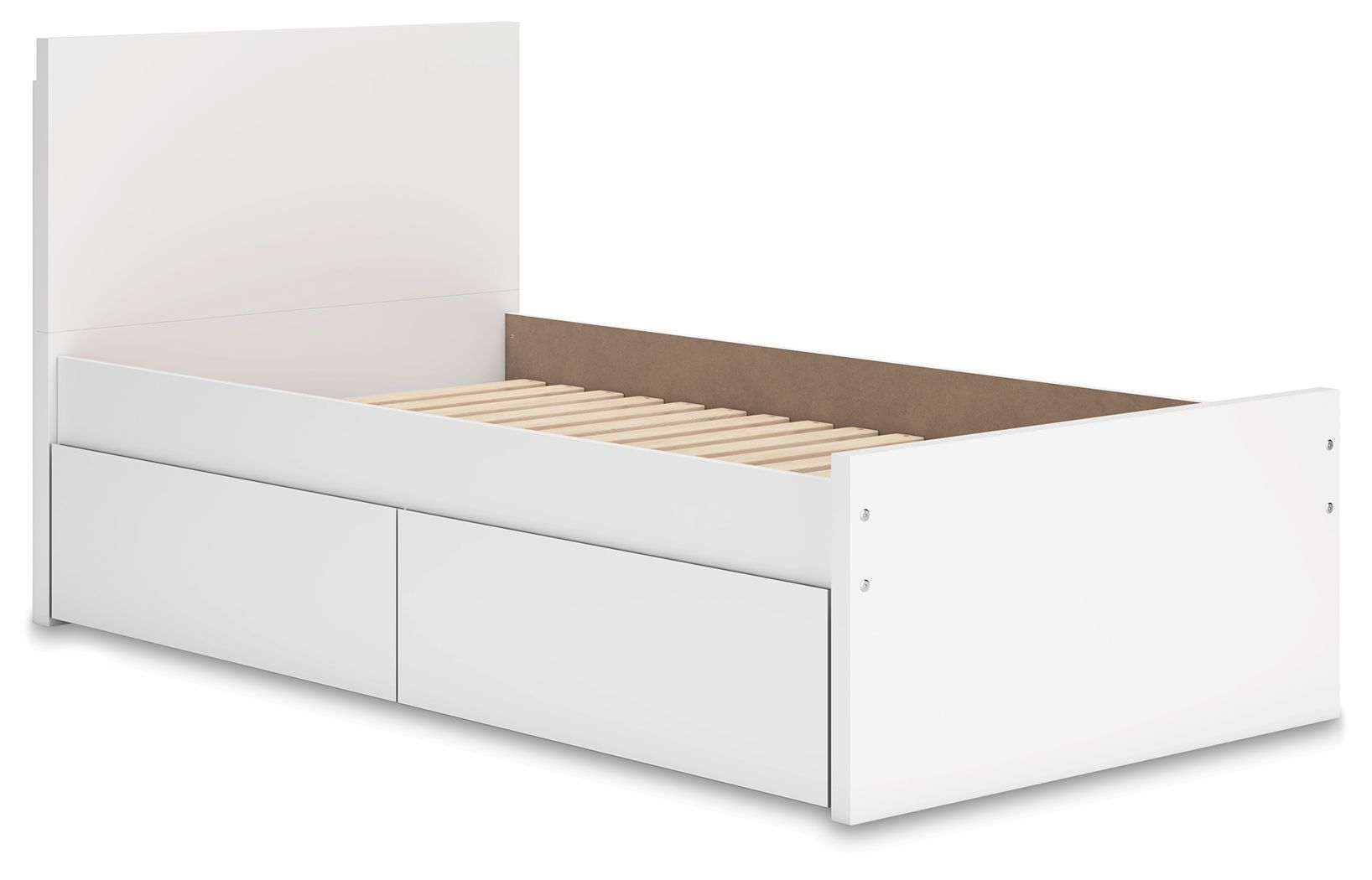 White panel platform bed with headboard and open under-bed storage with slats.