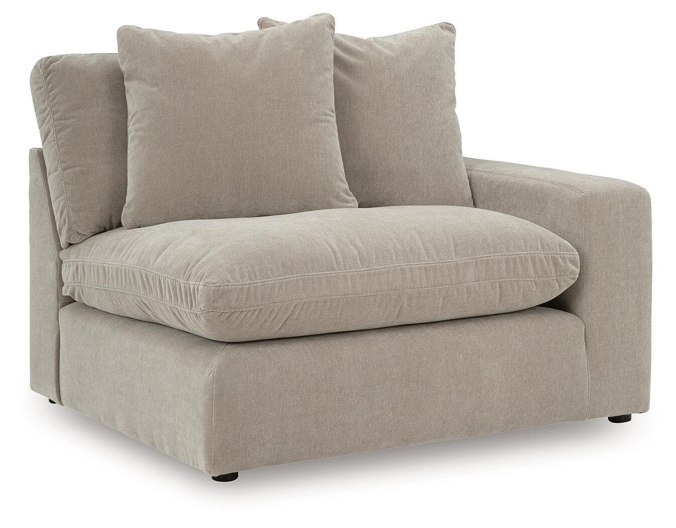 Fabric corner chair with two back cushions, pebble gray, rounded arms, short base