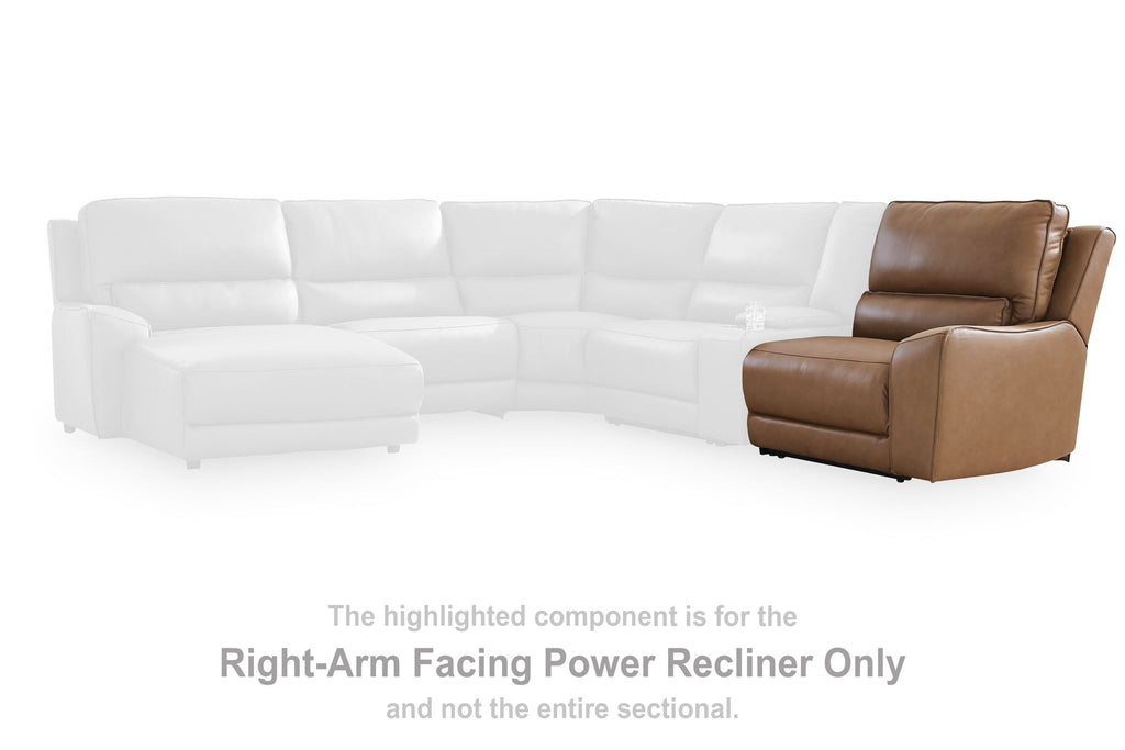 Caramel right-arm facing recliner section with padded headrest and armrests