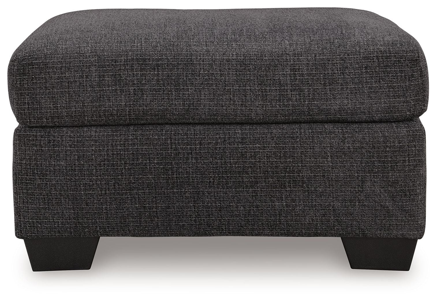 Charcoal gray fabric ottoman with cushioned top, straight sides, and black legs