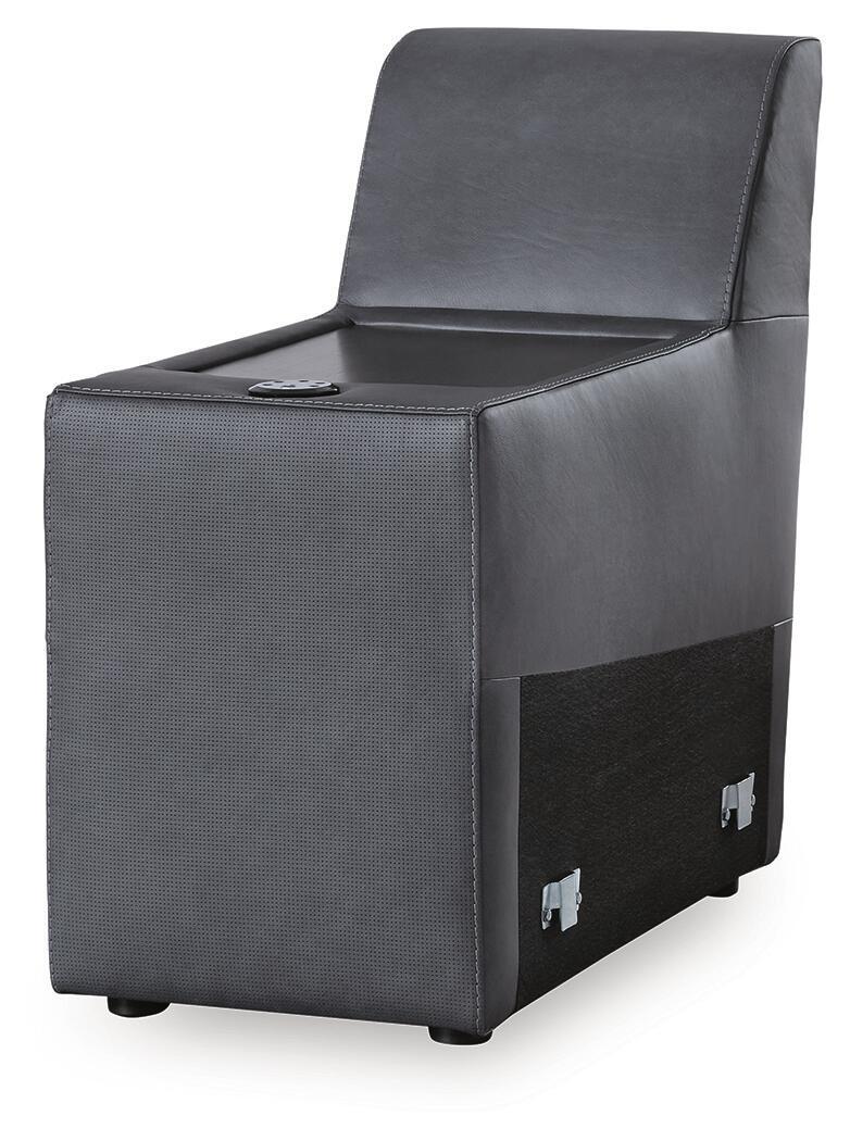 Dark gray padded audio console chair with open lid and textured side panels