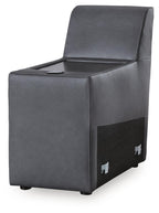 Dark gray padded audio console chair with open lid and textured side panels