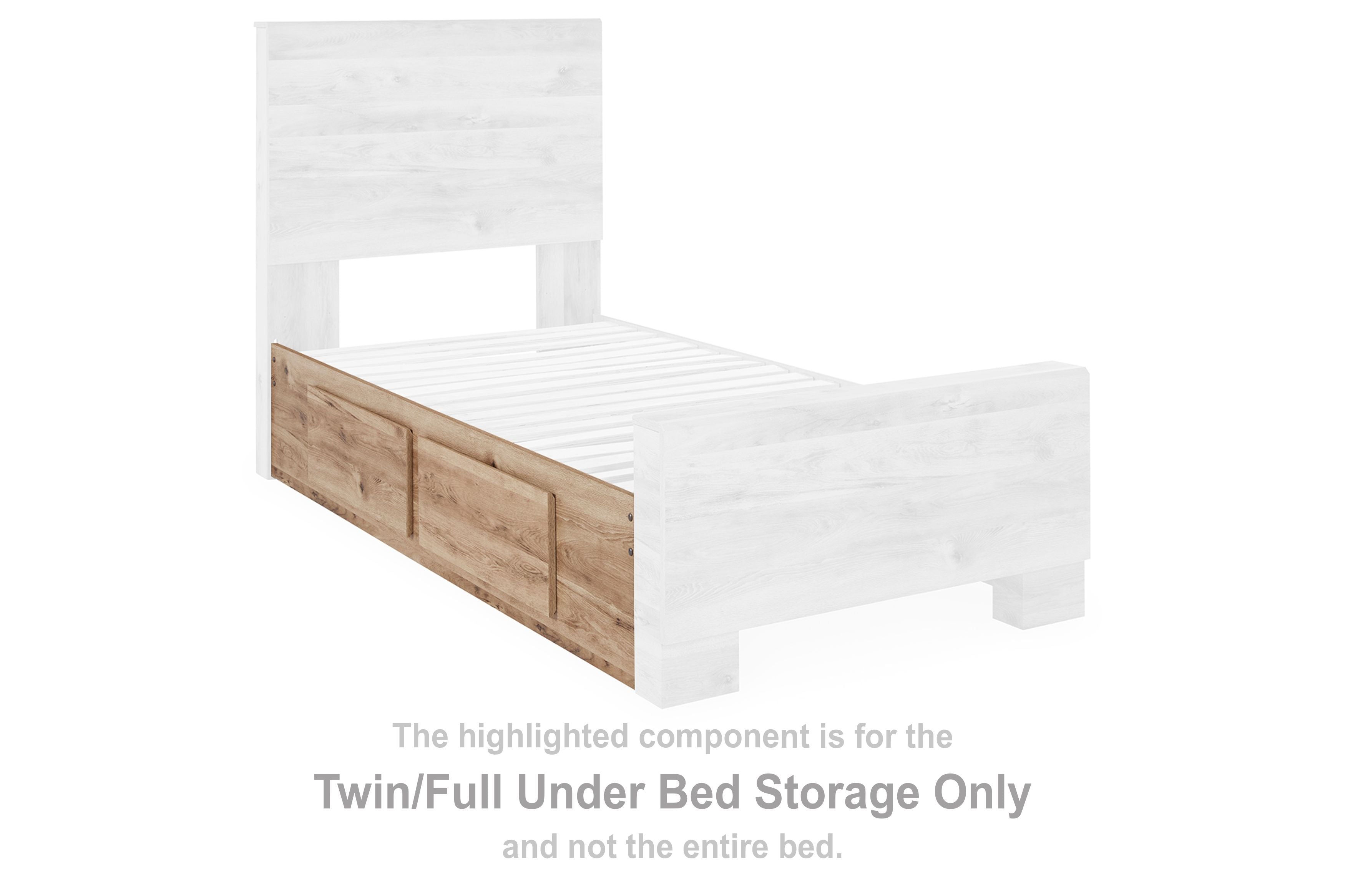 Tan under bed storage rail panel shown attached under a twin/full bed