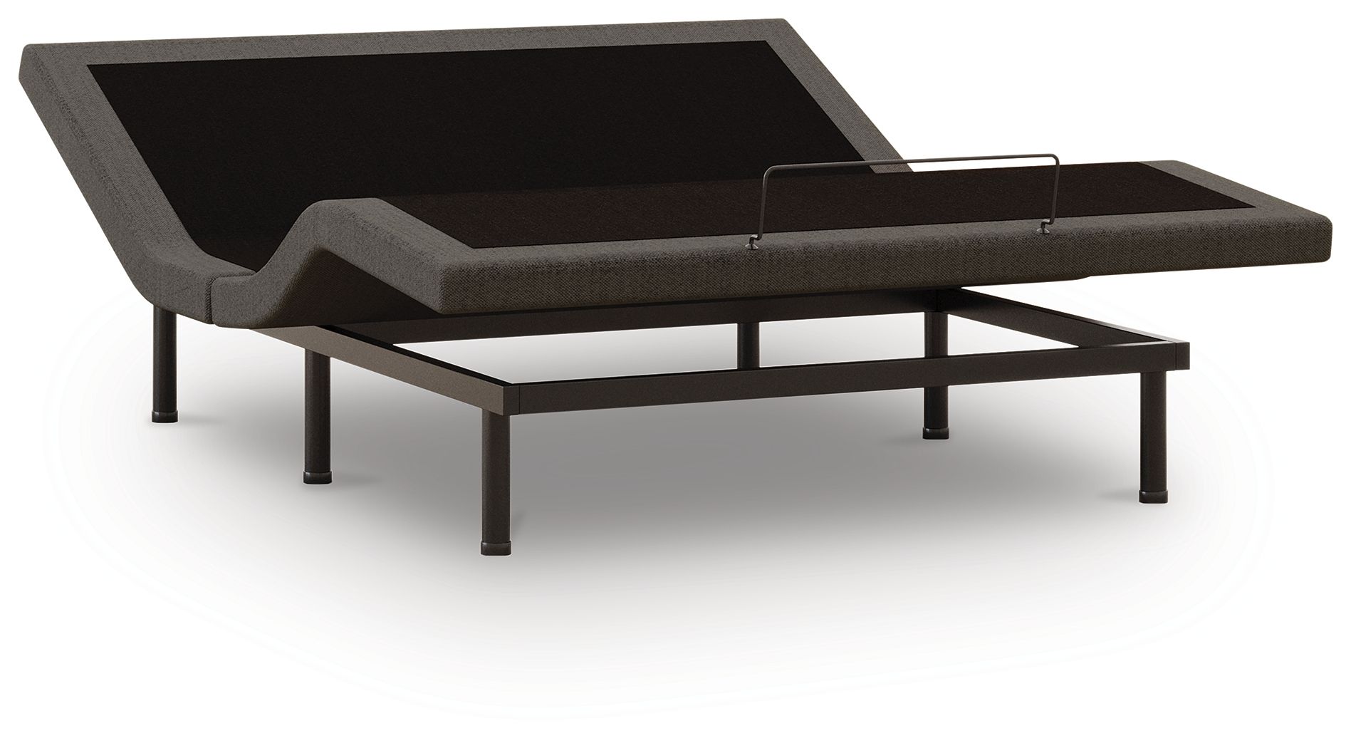 Adjustable bed base with black platform top, raised backrest, and sturdy metal legs