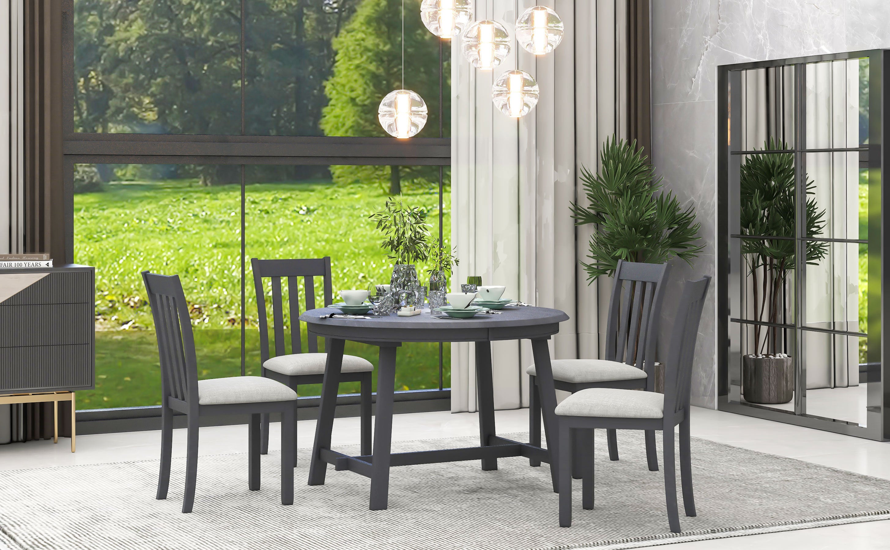 5-Piece Round Extendable Dining Table Set (Gray)