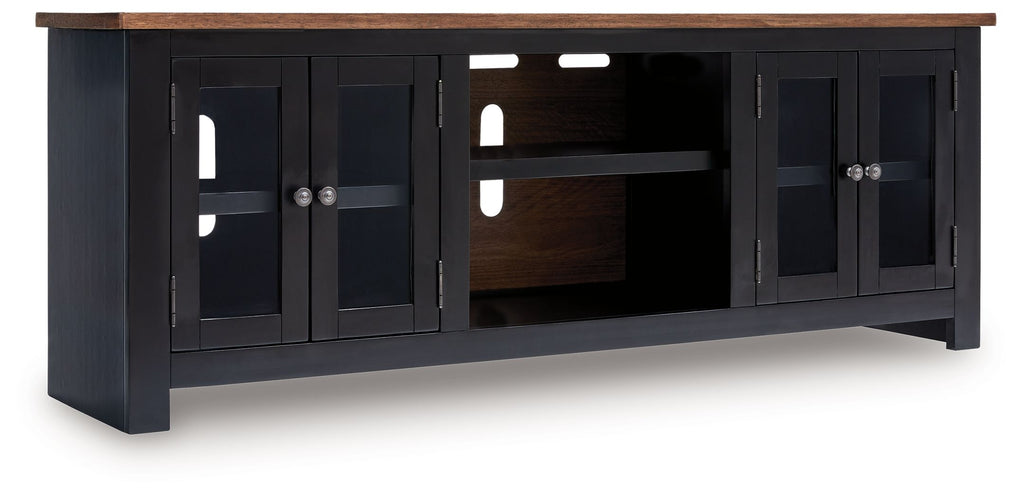 Brown top black TV stand with side glass doors and central open shelf