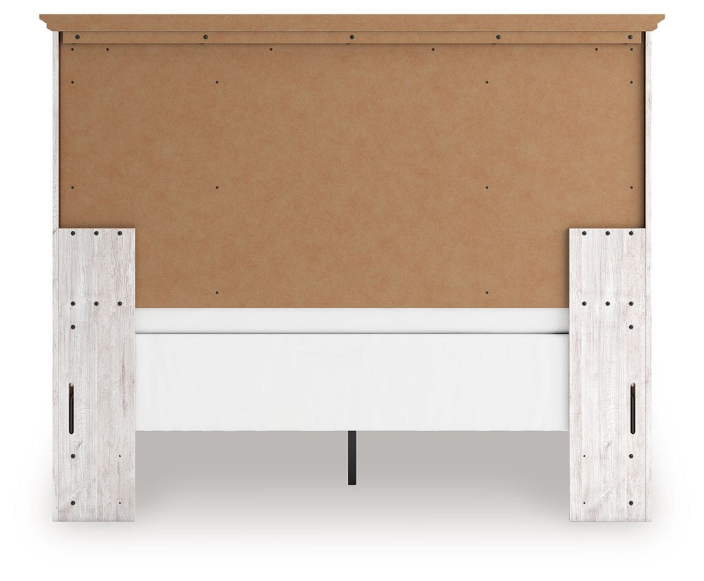 Panel bed headboard and posts with open underframe and exposed support brackets