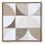 Framed wall art with overlapping circle shapes in taupe, tan, and white