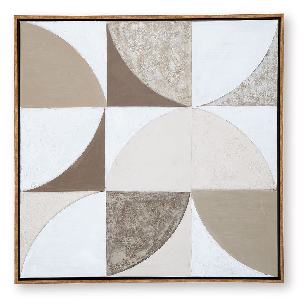 Framed wall art with overlapping circle shapes in taupe, tan, and white