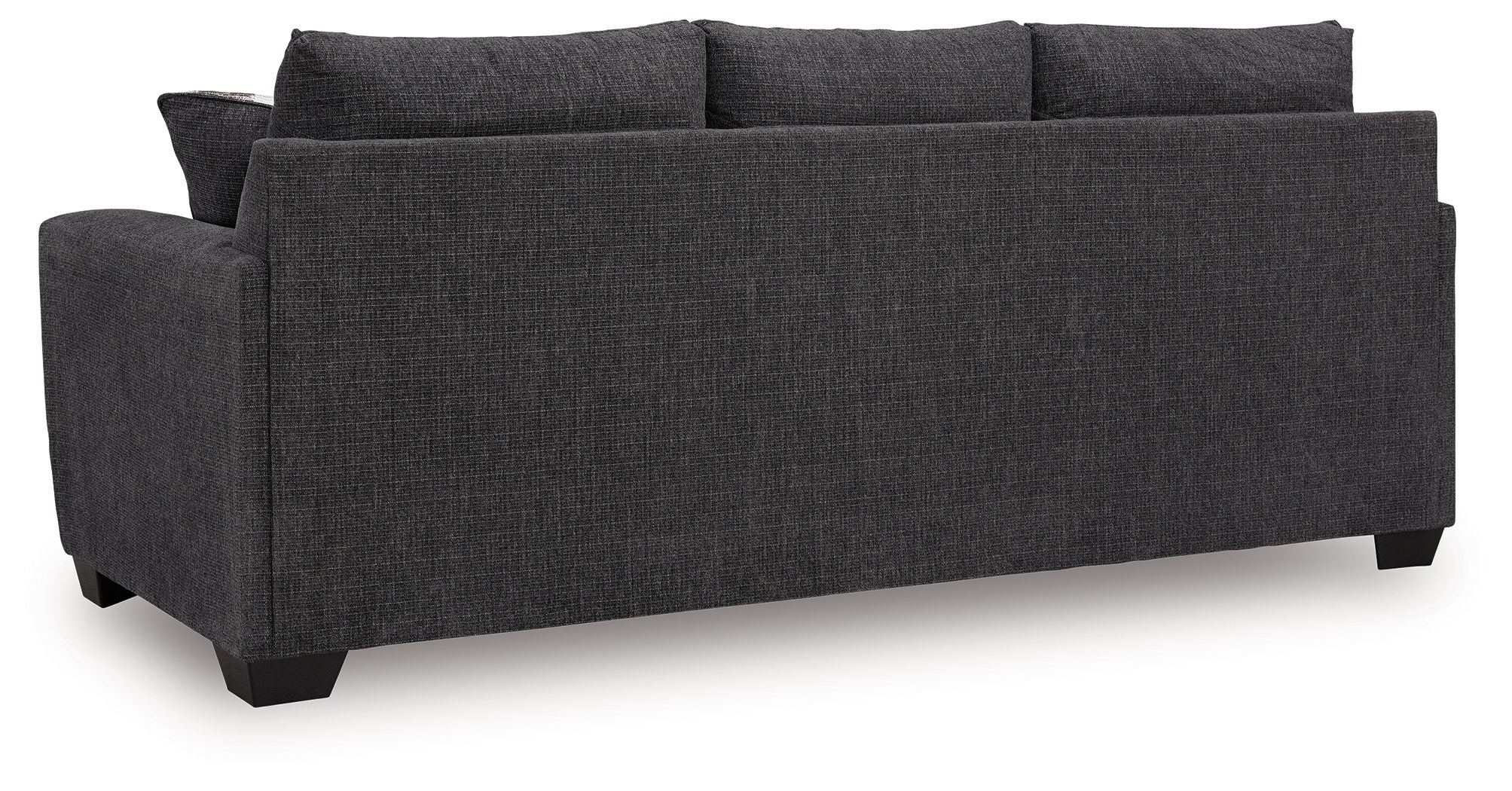 Sofa sleeper, dark gray upholstery with three back cushions.