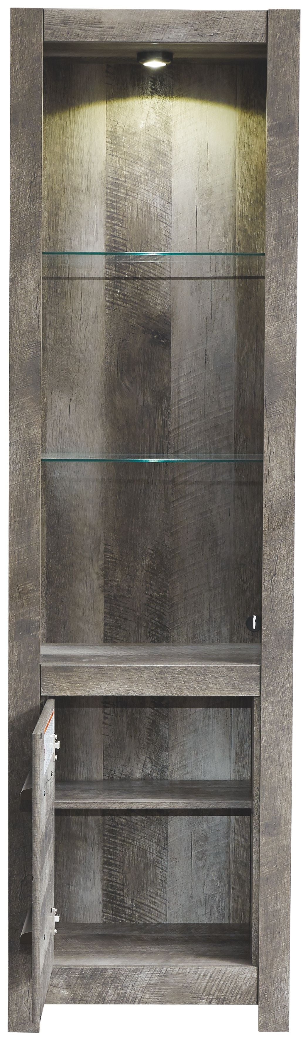 Dark gray cabinet with two drawers and two shelves, open front interior