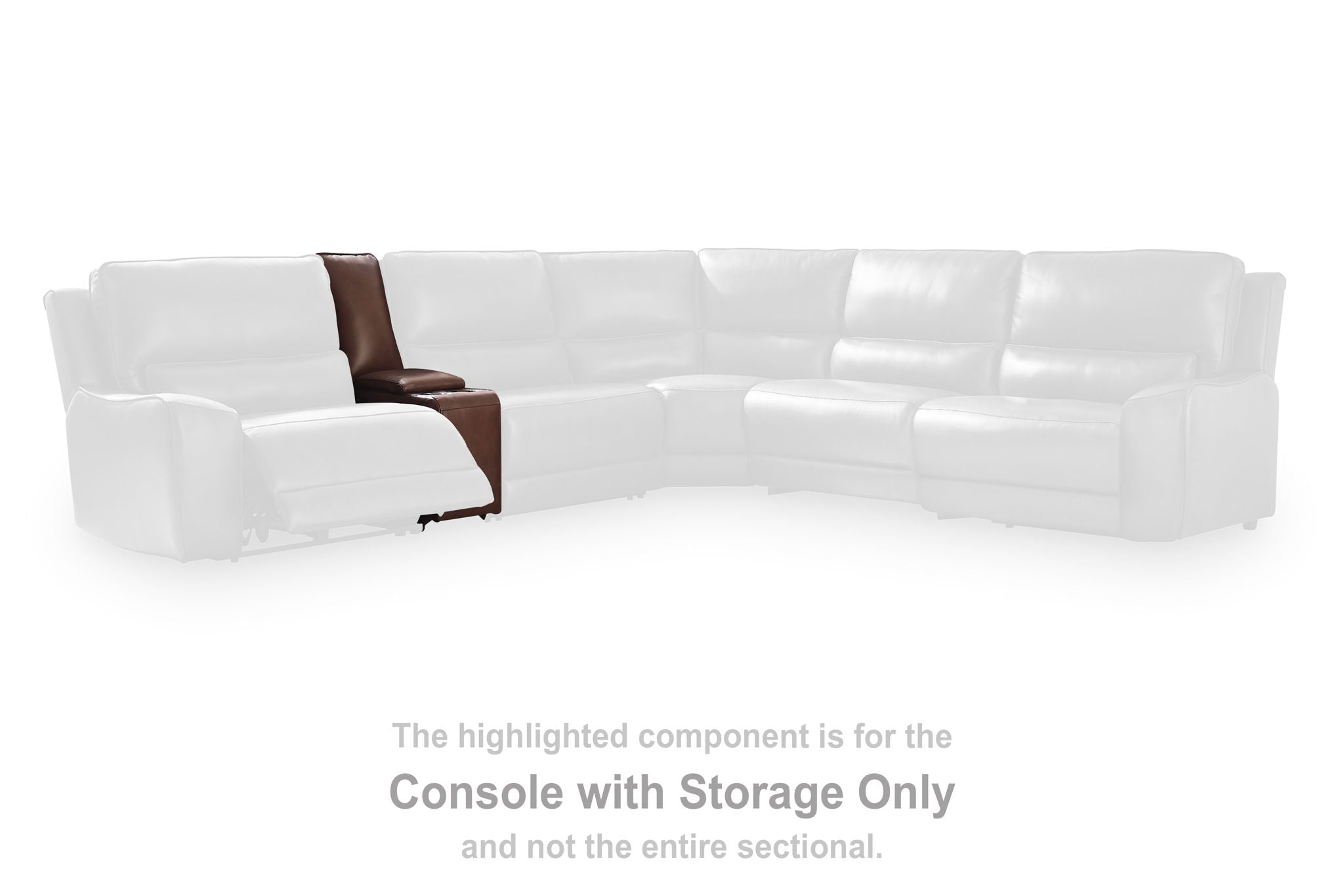 Brown upholstered console-with-storage section, part of a sectional arrangement
