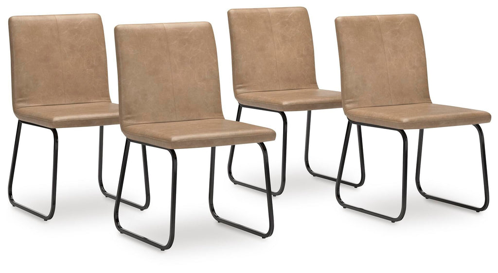 Dining side chair set of 4: tan upholstered seats, black metal sled frames, padded backs