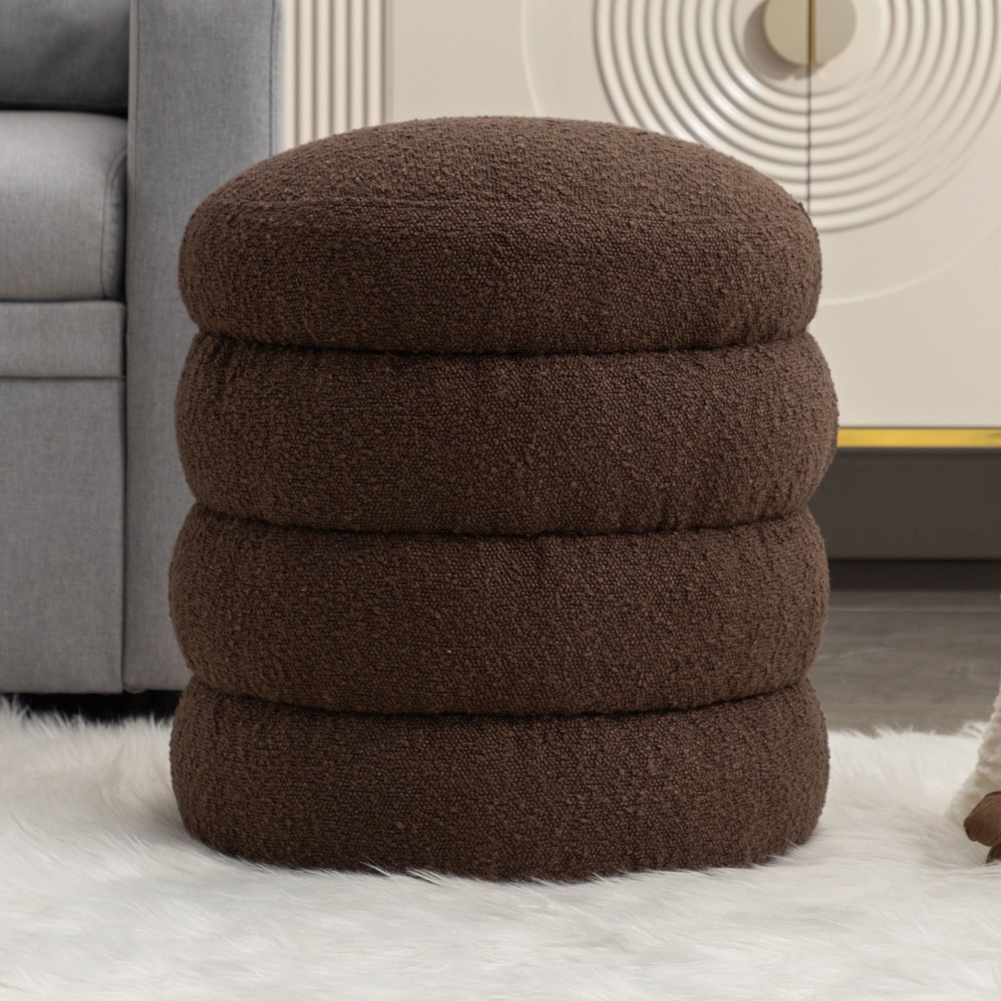 Soft Boucle Round Ottoman Footrest Stool, Brown