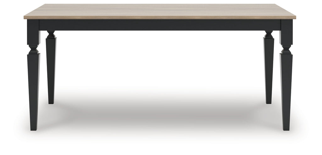 Rectangular dining table with light wood tabletop and dark tapered legs