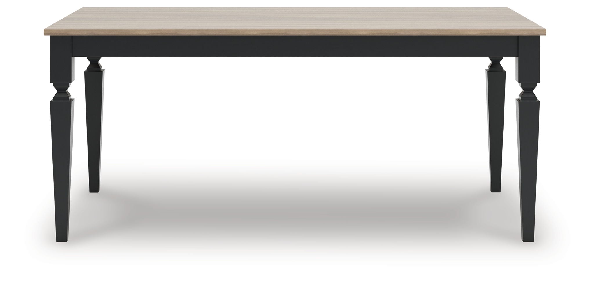 Rectangular dining table with light wood tabletop and dark tapered legs