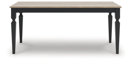 Rectangular dining table with light wood tabletop and dark tapered legs