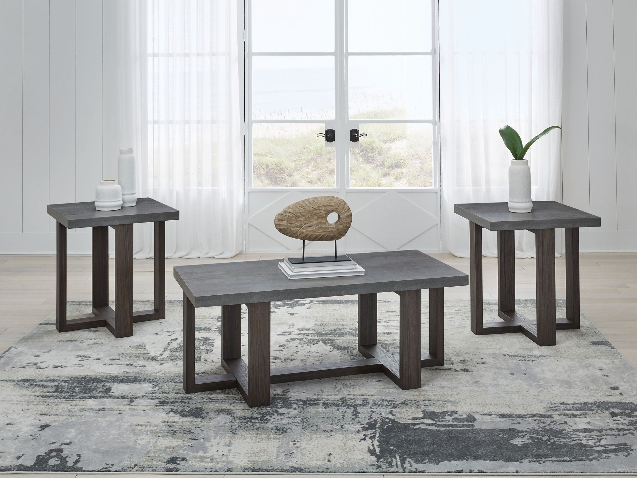 3-piece occasional table set with gray tops and dark brown frames, three tables