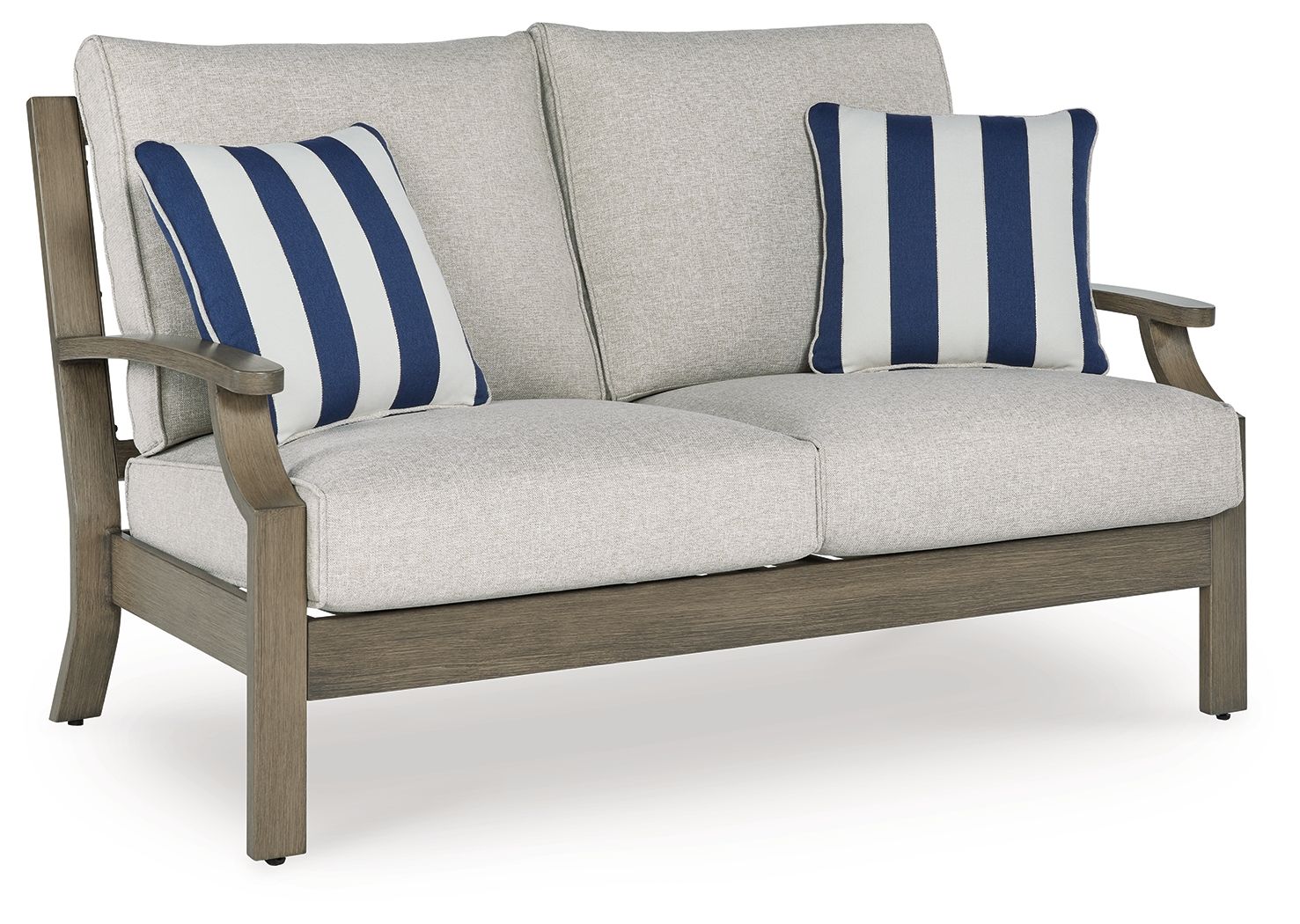 Loveseat with cushion, light gray fabric and two blue striped pillows on brown frame