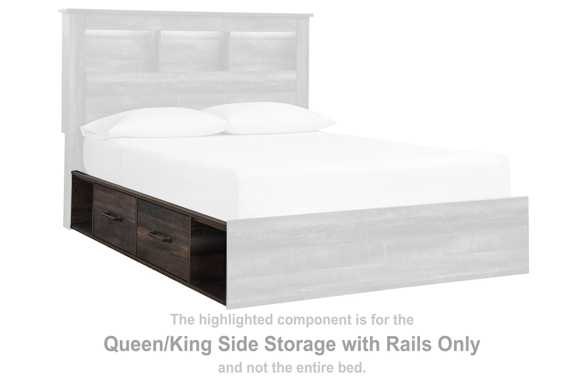 Queen/King side storage bed frame with rails, white panel and brown drawer