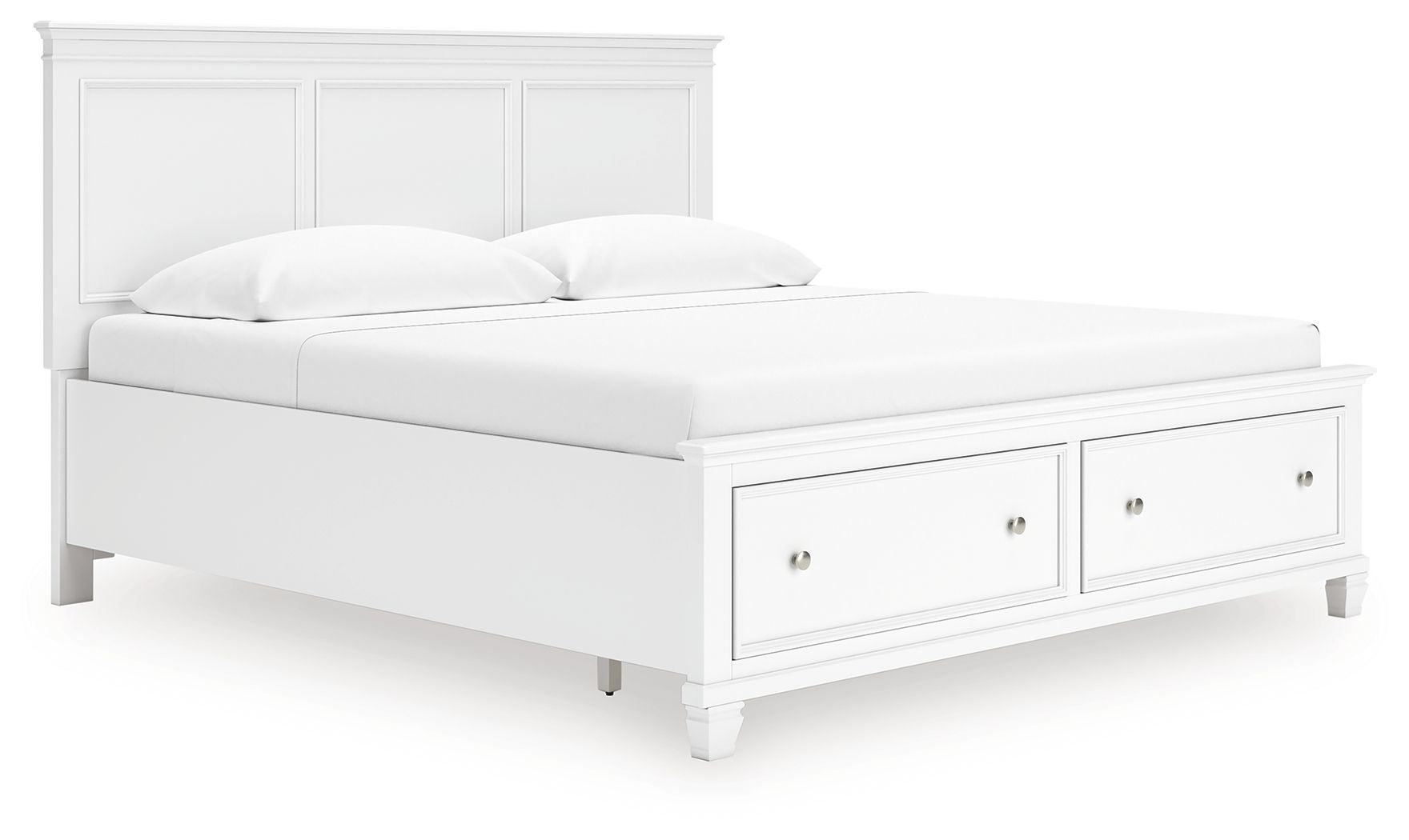 White panel bed with two front drawers, paneled headboard and two cushions on top.