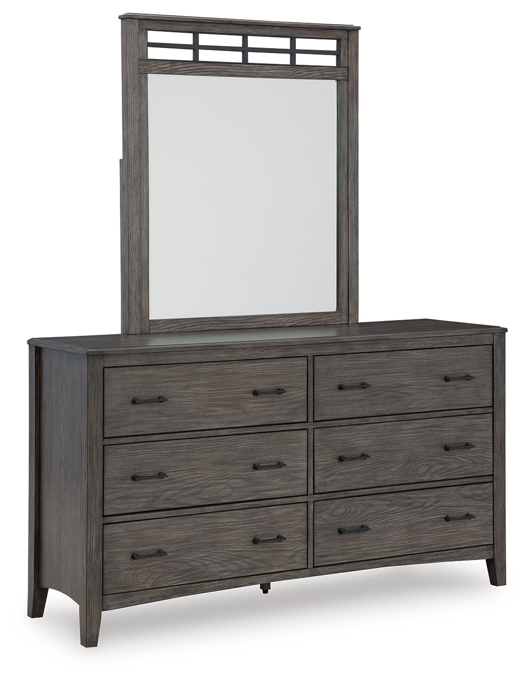 Grayish brown dresser with rectangular mirror over six drawers and metal pulls