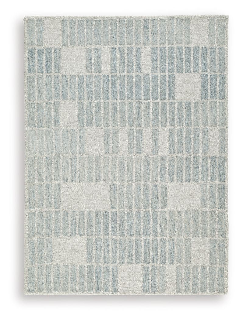 Light blue area rug with repeating grid pattern, soft textured weave