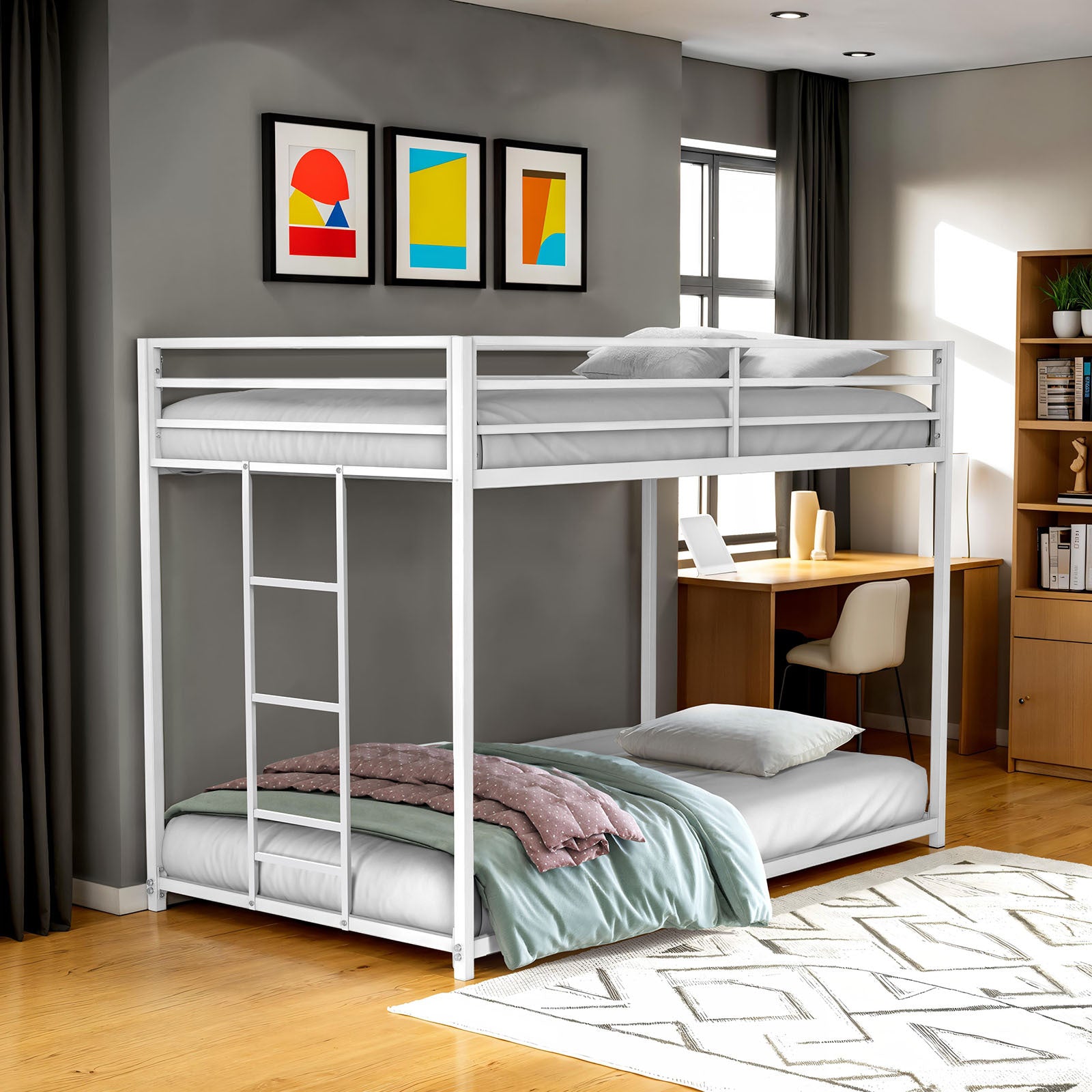 Twin Over Twin Low Metal Bunk Bed | Matte White, Mattress Ready