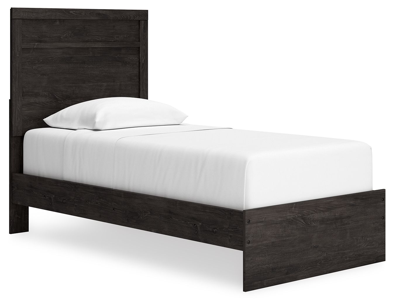 Panel bed frame in dark wood with slatted headboard and matching footboard
