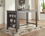 Gray rectangular counter table with open shelf storage and extended legs
