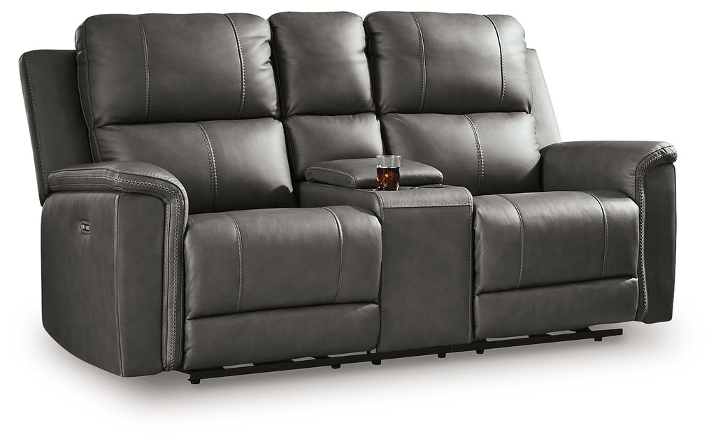 Power reclining loveseat with console, dark gray upholstery and tufted back cushions