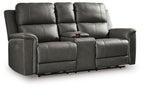 Power reclining loveseat with console, dark gray upholstery and tufted back cushions