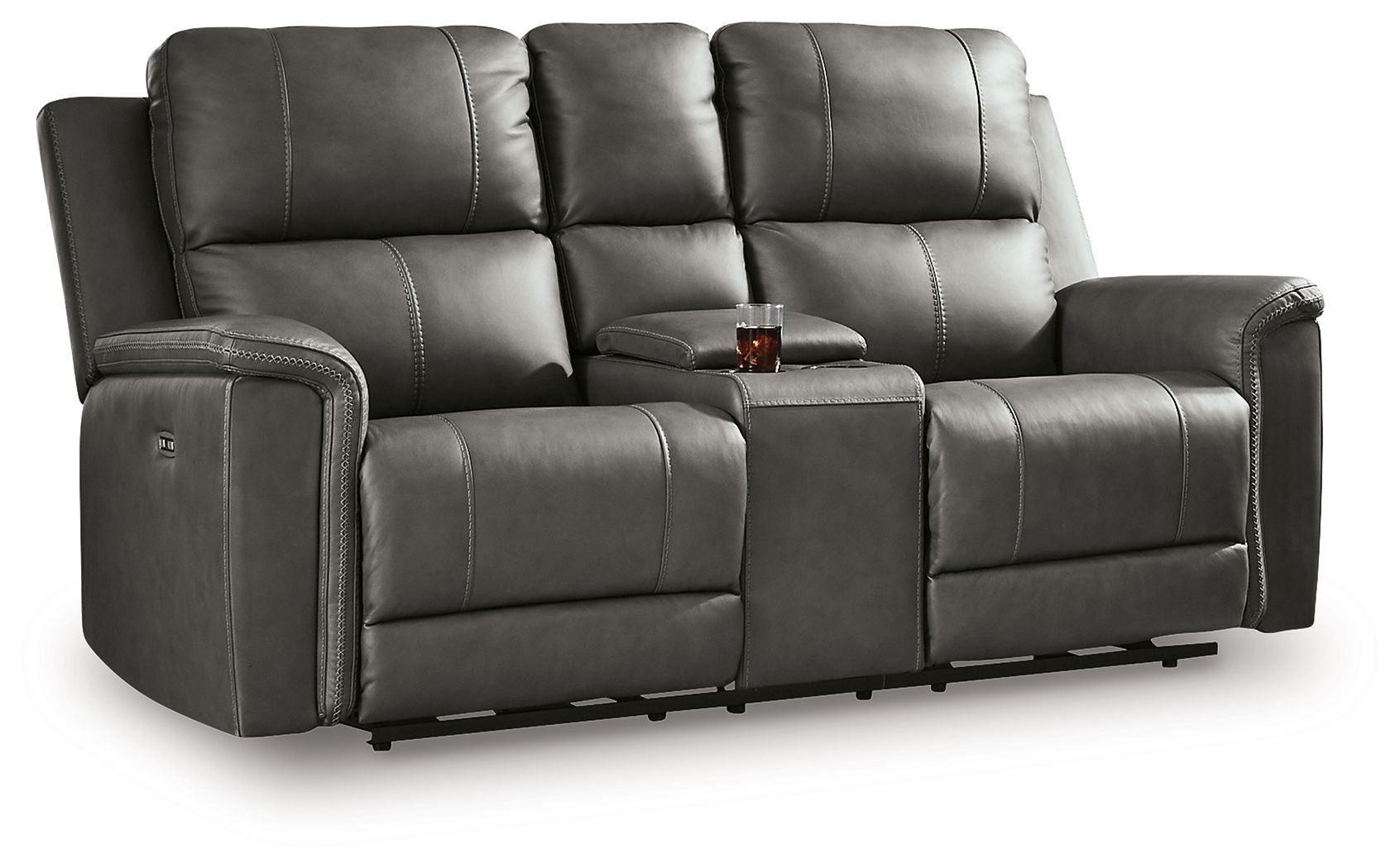 Power reclining loveseat with console, dark gray upholstery and tufted back cushions