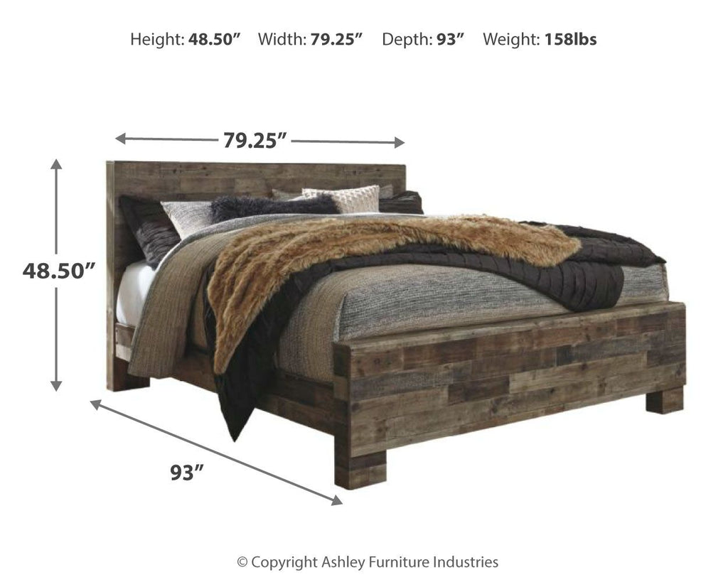 Rustic panel bed diagram showing dark wood frame and overall dimensions