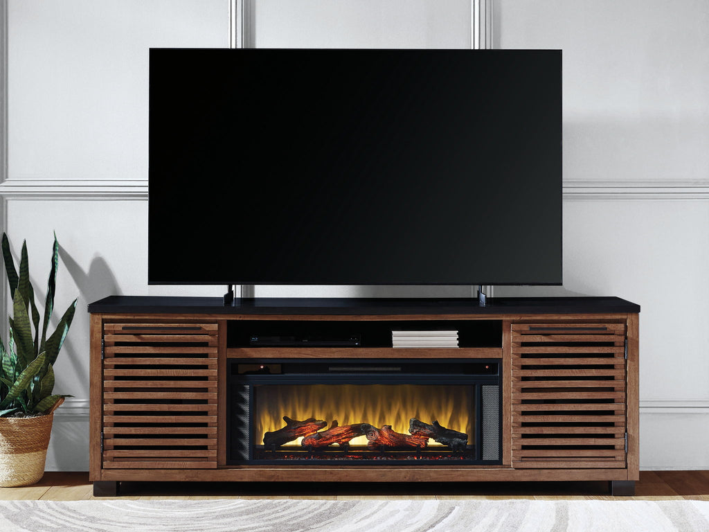 Dark brown TV stand with built-in fireplace insert and slatted side panels