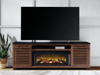 Dark brown TV stand with built-in fireplace insert and slatted side panels