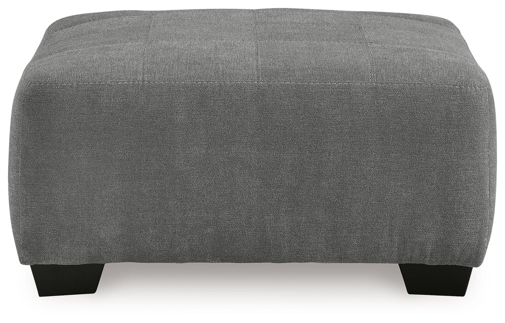 Gray upholstered accent ottoman, rectangular profile with black feet