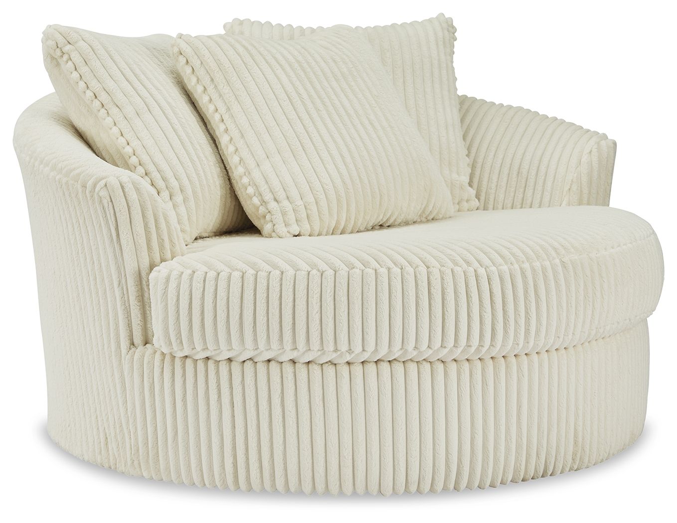 Beige oversized swivel accent chair in ribbed corduroy with three back pillows