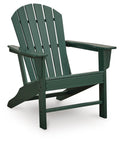 Green Adirondack chair with slatted back and armrests, solid wood frame