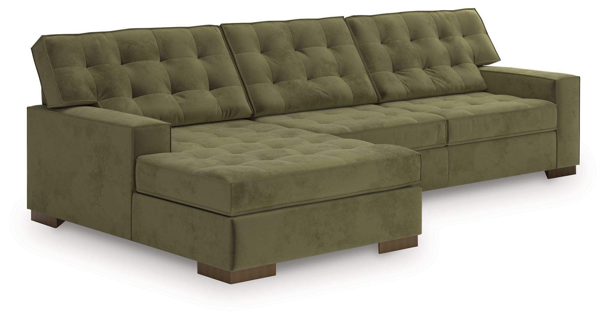Olive green sectional sofa with chaise, tufted back and seat, square armrests