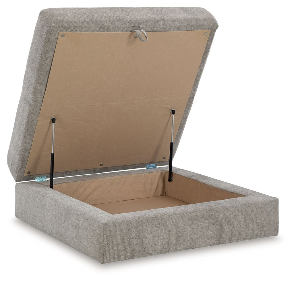Pebble gray storage ottoman with open lid showing empty interior