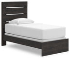 Dark gray panel bed with slatted headboard and platform base, with white mattress