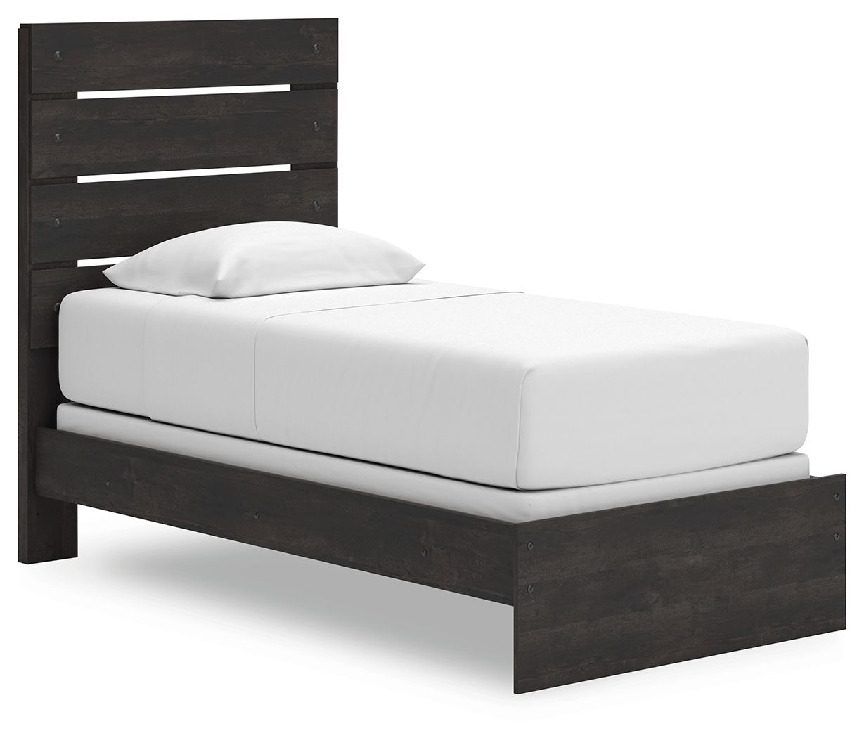 Dark gray panel bed with slatted headboard and platform base, with white mattress