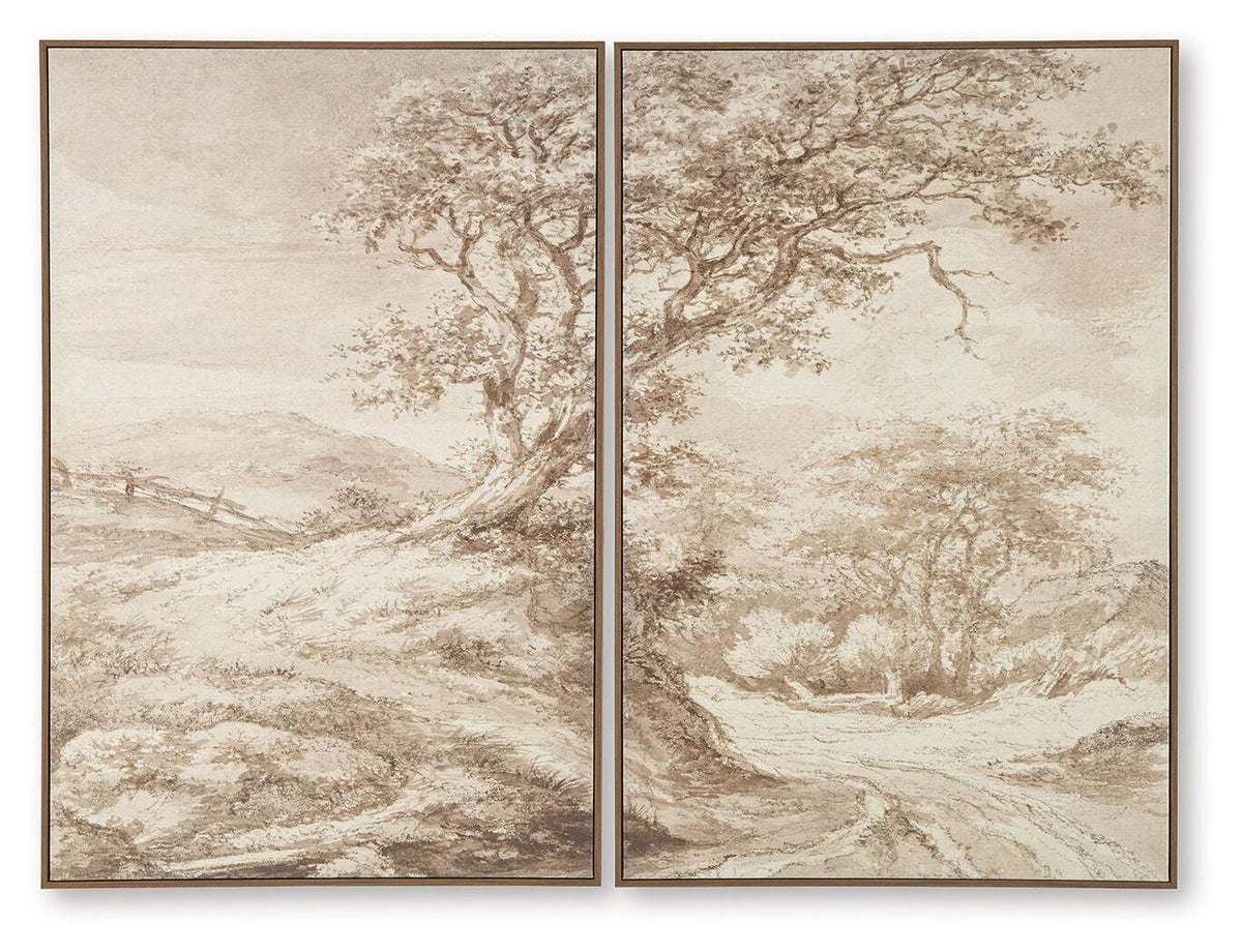 Set of 2 framed landscape wall art prints with tree branches in beige and brown