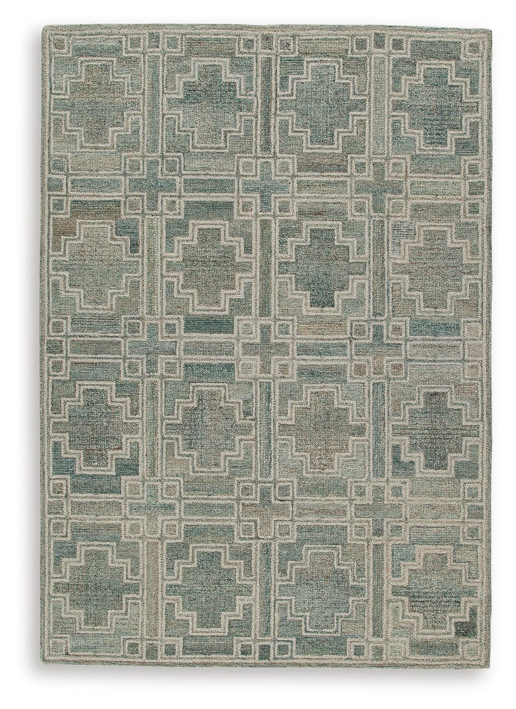 Green geometric area rug with grid of interlocking square patterns