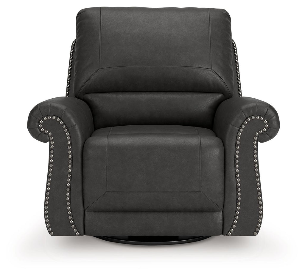 Dark gray swivel recliner with tall backrest, rounded arms, and studded side panels